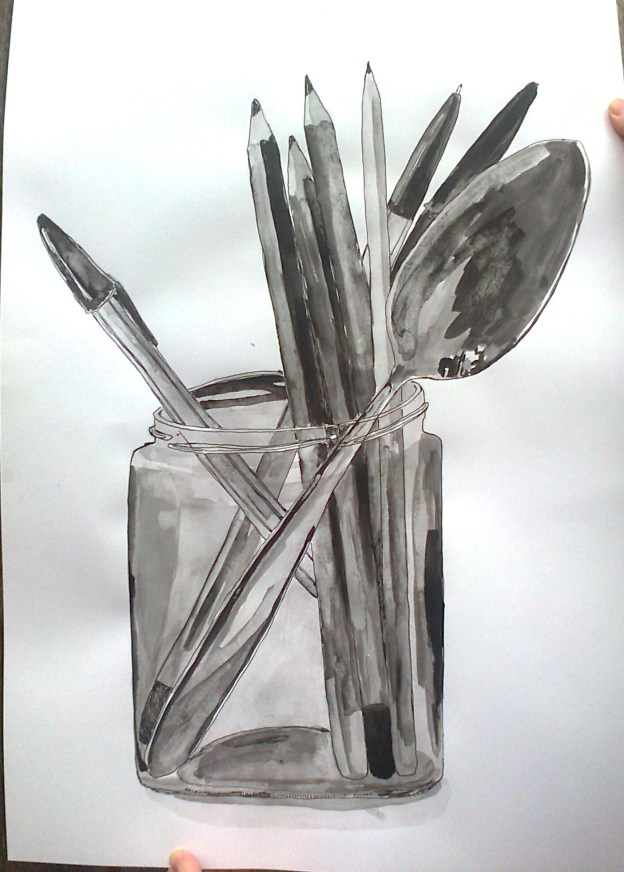 Finished drawing of made objects.  Pencil, acrylic ink and water on A2 paper.