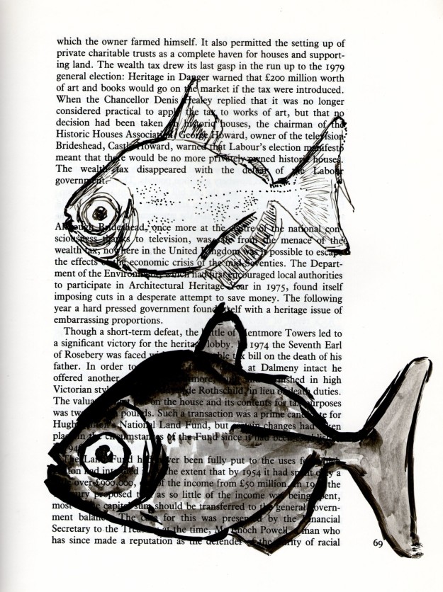 Another drawing on text paper.  Two more drawings of the same fish.  Acrylic ink.  Detailed images of each below.
